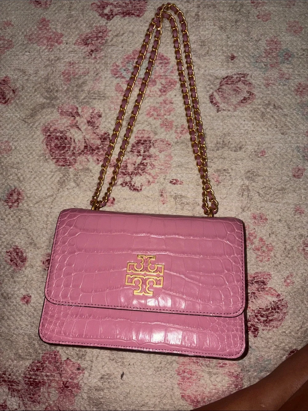 Tory Burch Pink Croc-Embossed Chain Shoulder Bag with Gold Logo